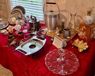 Assorted Vintage Dining & Entertainment Ware including MCM Aluminum Ice Bucket; Vintage Corning Warmer; Large Glass Tray with Center Handle; Hobnail Bottle with Stopper; Pewter; Copper Pieces and so much more