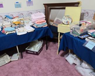 Large Assortment of Linens & Textiles: Bath Towels, Washcloths, Hand Towels; Kitchen Washcloths & Hand Towels; Large Long Dress Mirror that was Handmade by the owner's Grandfather in the 1900s; Vintage Yellow Wood Upright Sewing Cabinet; Sewing & Crafting Supplies