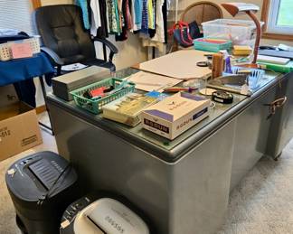 Mid Century Modern Metal Desk with Glass Top; Office Supplies; Paper Shredders; Desk Chairs; MCM Task Light and much more!
