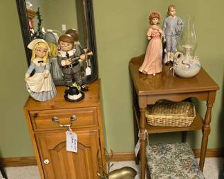 Wood Cabinet with Drawer & Door; Brass Reindeer; Wood Side Table; Upholstered Foot Stool; Handpainted Ceramic Figurines; Handcrafted Pottery Oil Lamp; Vintage Wall Mirror
