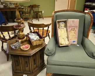 Green Upholstered & Wood Trim Wingback Chair; Precious Moments Four Seasons Doll in Box; Octagon End Table; Vintage Lamp and much more!