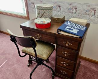 Viking Husqvarna Sewing Machine 1976 #6460; Vintage Sewing Table / Desk; Assorted Boxes & Tin; Vintage Upholstered Task Chair on Wheels