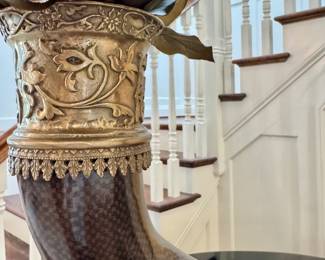 $450 each (2 available)- Mid Century 20th Century Castilian Ornamental Porcelain and Brass Elephant Horn Vase 16.5 x 8 x 26