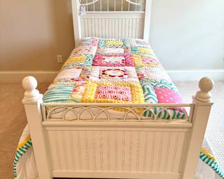 $220 - Stanley Furniture white twin headboard/footboard and mattress set; $30 - Twin Pottery Barn Teen Comforter