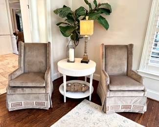 $800 each (2 available)- Taylor King Grey Velvet Skirted Designer Chairs 26.5x32x43. Perfect condition
