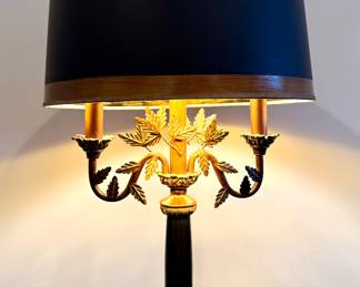 $100 Black and gold table lamp with decorative leaves, 30 inches tall.