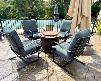 ($300/each; OW Lee outdoor chair with pad. 4 avail. 28L x 30W x 36H). ($200 Propane fire pit table, 32D x 26H)