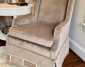 $800 each (2 available)- Taylor King Grey Velvet w/ Skirt Chair 26.5x32x43