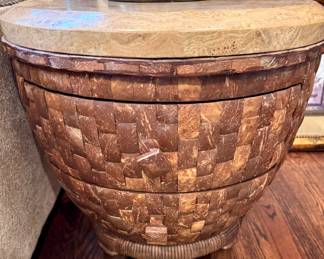 $300 Coconut shell drum end table by Schnadig. 23D x 25H