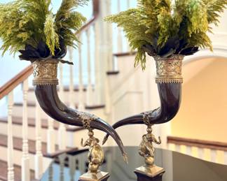 $450 each - (2 available) Mid 20th Century Castilian Ornamental Porcelain and Brass Ornamental Horn 16.5x8x26