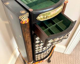 $150 Jewelry chest in the style of Mackenzie Childs. 13L x 11W x 37H. Inside needs cleaning; overall very good condition.