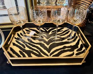 ($28 Zebra print black and gold tray, 19L x 13W) ($32 Palm tree wine glasses, set of 4)