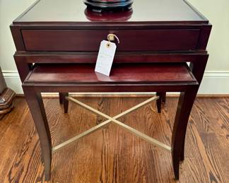 $500 - Sherrill Furniture Nesting Tables (2) with beautiful brass/bronze accents - 25.5x16.5x26 (table 1), 22x17x20.5 (table 2)