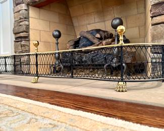 $500 Virginia Metalcrafters polished brass and iron fireplace fender (1980s). ((One is Currently listed On Chairish for $1675! Snag and brag about this deal!)) 49L x 13W x 10H