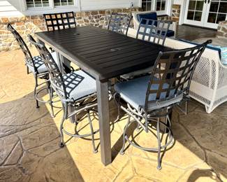 $300 each- 2 available Ow Lee Bar Height Aluminum Tables 36"x 36"x 37.5" Shown; two 4-top, bar height tables pushed together.
