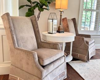 $800 each (2 available)- Taylor King Grey Velvet w/ Skirt Chair 26.5x32x43