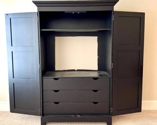 $150 Black wooden armoire/storage/TV cabinet, 42L x 22W x 72H. Wear noted inside.