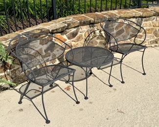($80/each Wrought iron patio chair, 24L x 23W x 30H). ($50 Wrought iron cocktail table, 24 inches in diameter).