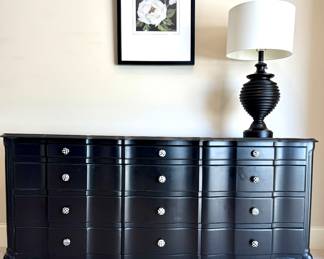 $400 Full size, manufacturer black painted, wood 12 drawer dresser, 72L x 21W x 34H