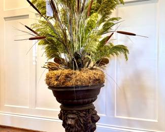 $300 Faux floral in resin lion planter, 20D x 76H