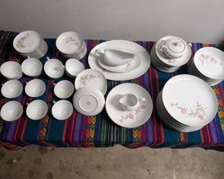 Rosemead dishes (12 piece set) - cups, saucers, small salad plates, bread and butter plates; serving platter, creamer, sugar bowl w/top and gravy dish with saucer.  $100
