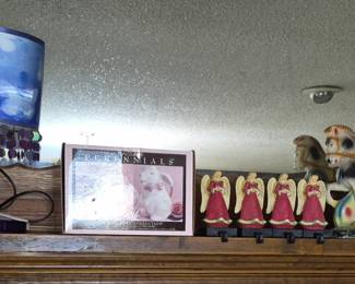 Chalk horses, pottery, lamp, stocking hangers