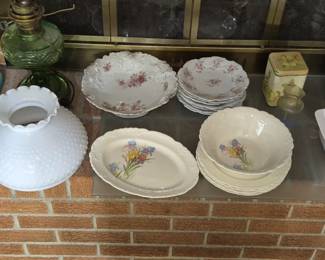 China sets, antique oil lamp, Corningware