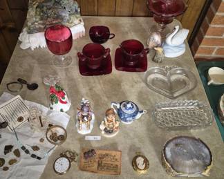 Red glassware, hummels, and other items