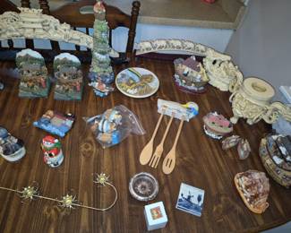 Random glassware, many Noah's Ark items, Longaberger basket, faux ivory items.