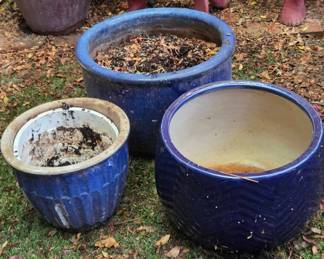 3 Blue Glazed Pots