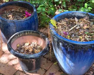 2 Glazed Blue Pots 1 Small Green