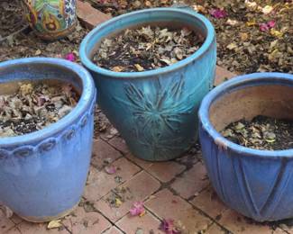 3 Glazed Blue  Green Pots