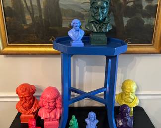 “Candy coated” vintage busts and cobalt blue brass handled mini tray table