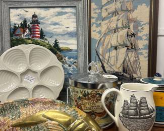 USA oyster plate, nautical needlepoints, brass and ceramic fish, mcm ice bucket, ironstone pitcher and portugal canister 