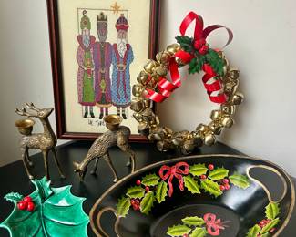 vintage christmas, 3 kings cross stitch, wreath, tole holly tray, brass deer