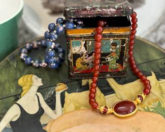 Cloisonné “pearls” and vintage MMA carnelian Etrsucan revival. 