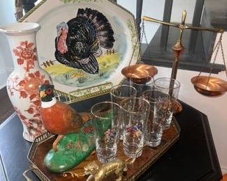 XL Italian Turkey Platter, ceramic pheasant, brass tiger, scottish figures set of glasses, inlay and brass tray, and brass and copper apothecary scale