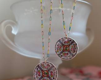 Rose medallion on pastel enamel paperclip chain 