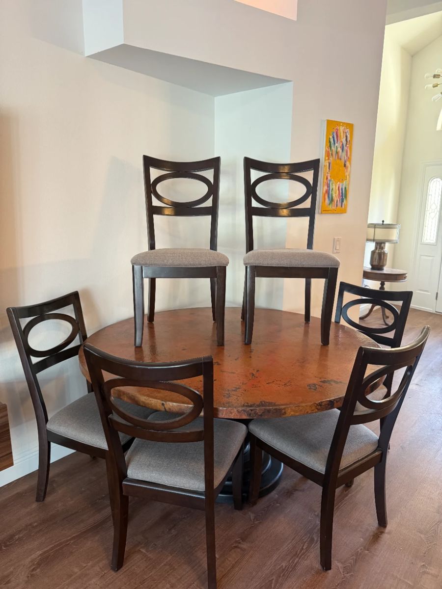 5' Copper top table, 6 chairs