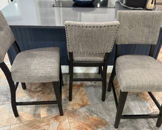 3 gray fabric barstools w/nailhead accents