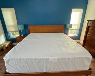 King size MCM platform bed with "like-new" mattress which has been covered since purchased. 