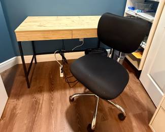 Desk w/electric & USB charging & drawer, rolling armless desk chair, white shelving unit, misc office supplies. 