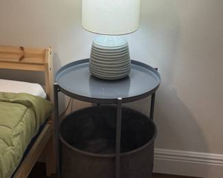 Round metal folding side table, lamp