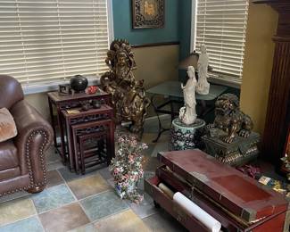 Carved nesting tables, trunks