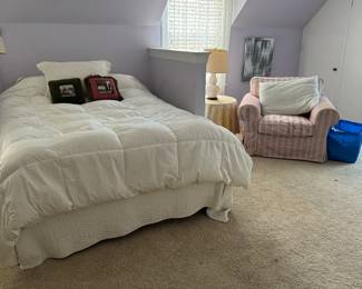 Full Size Bed, Feather Comforter,  One of two Upholstered Chairs 