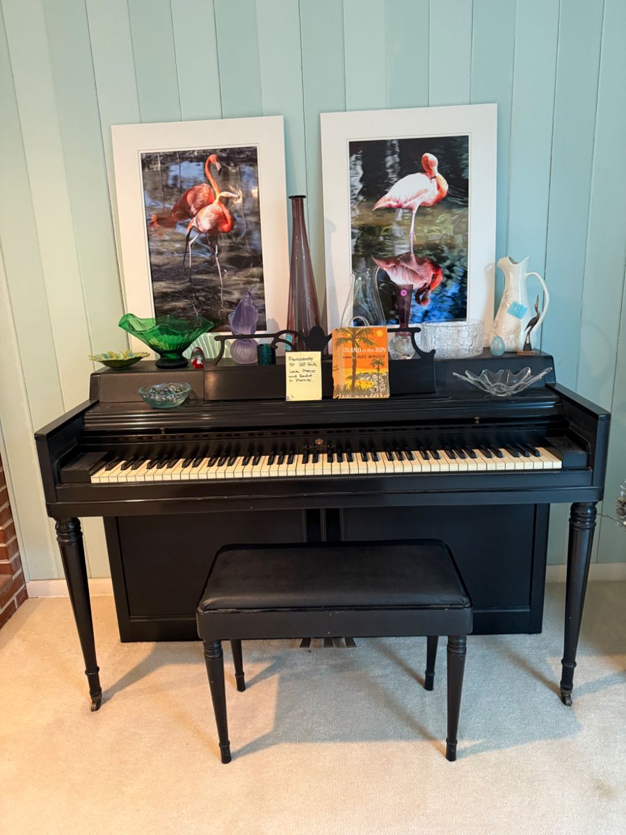 Wurlitzer piano, mid century items and local art.