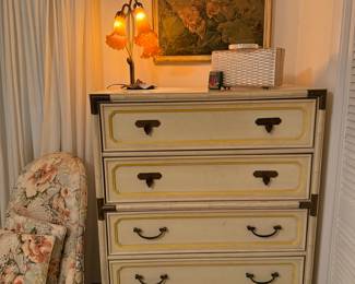 Chest of drawers, nice older print, stained glass Tiffany style lamp
