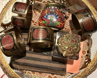 Vintage brass Asian Napkins rings, cloisonné snuff bottle, enamel top ink bottle, Fendi card case.