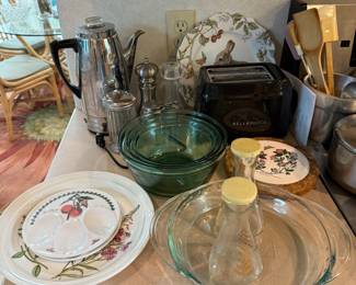 Portmeirion, green glass Anchor Hocking mixing bowls set, toaster, vintage Sunbeam percolator, salt and pepper grinders, vintage good seasons cruets, green vintage pie pan, sugar jar with pour spout