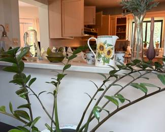 Potted Plant, looking into kitchen, portmeirion Sunflower pitcher, glass chicken candy dishes